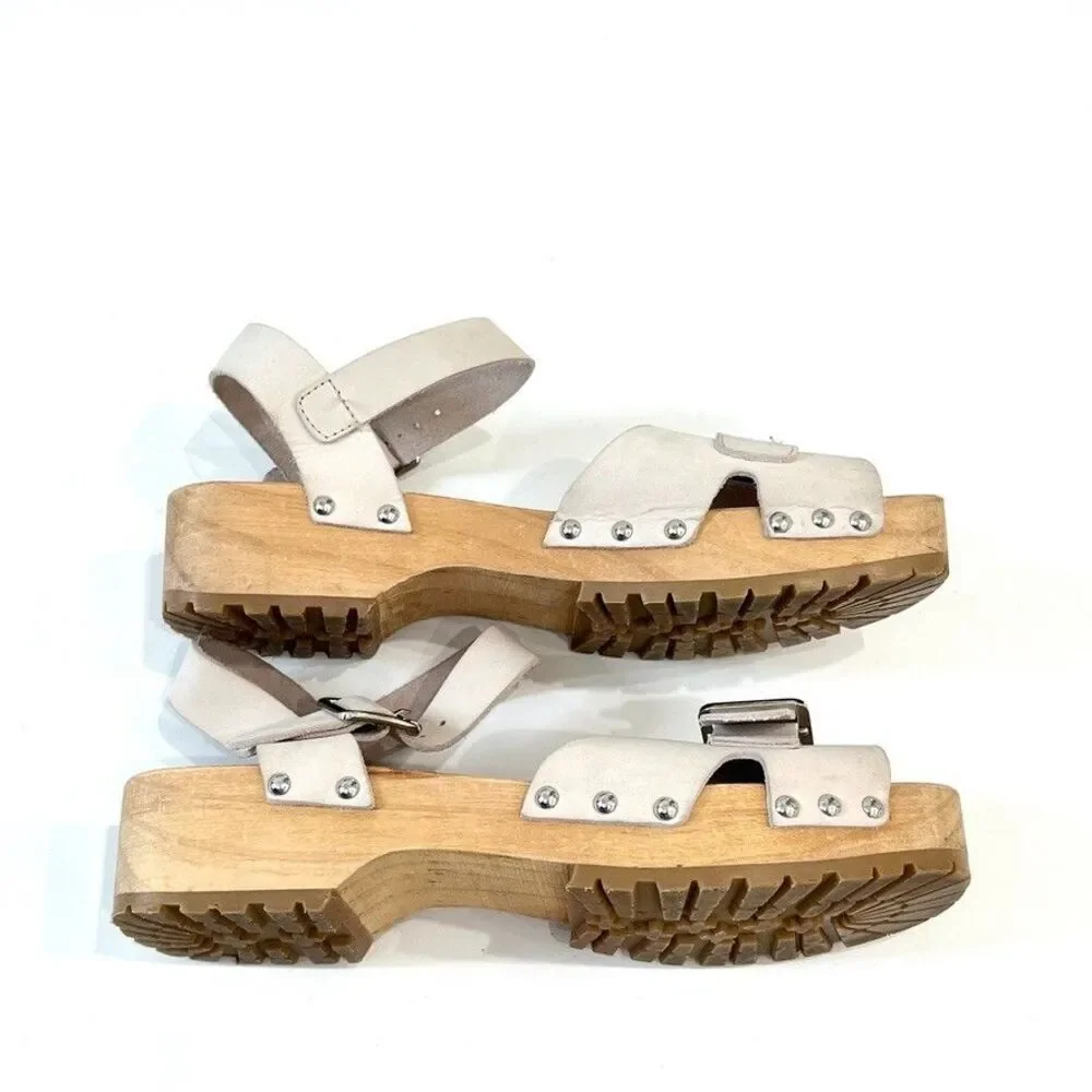 Zara White Leather Wooden Clog Sandals Buckle Platform EU 38 US 7.5 Minimalist - Picture 4 of 10